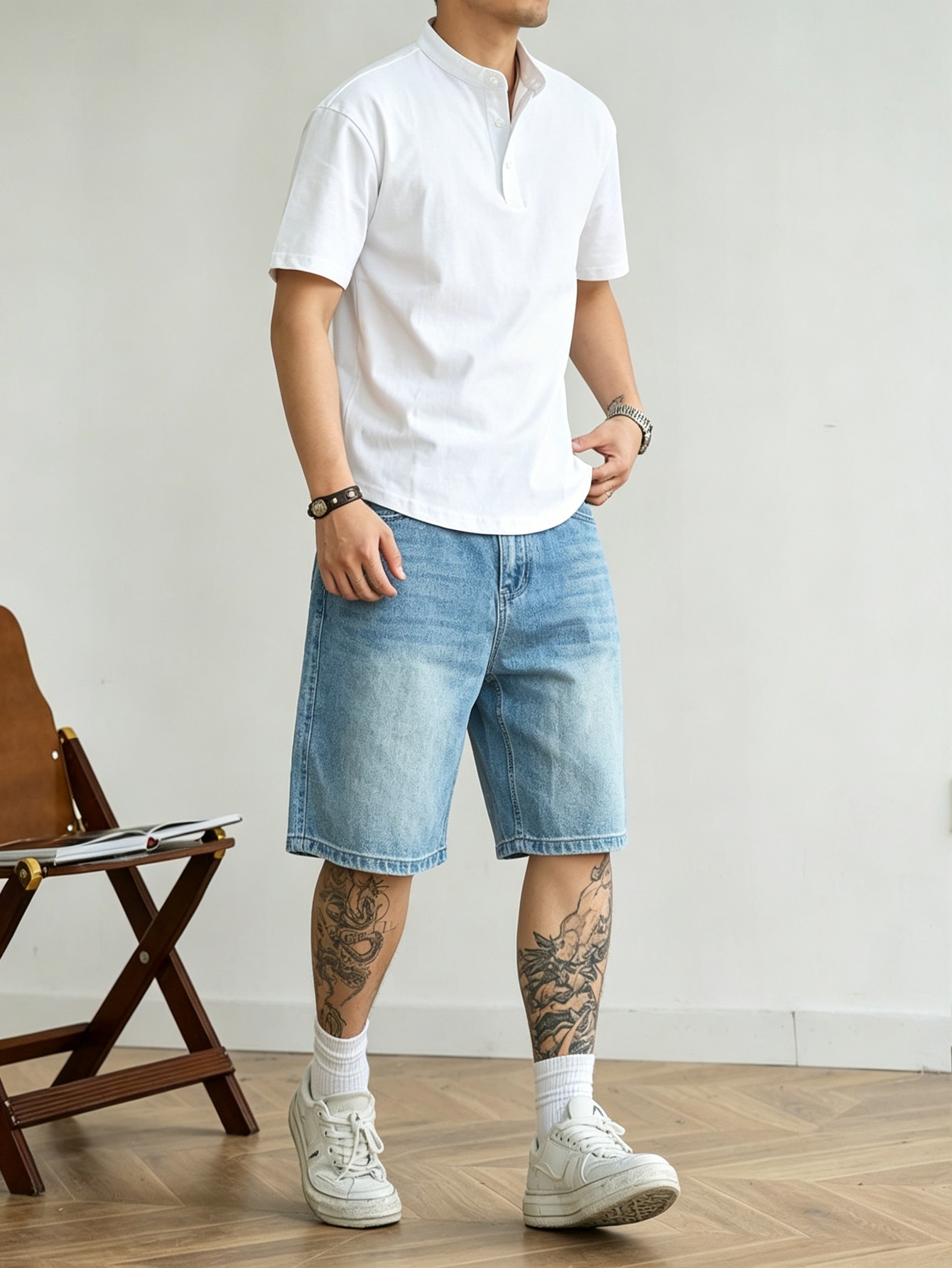Korean Daily Lifestyle - Jorts in denim blu a taglio